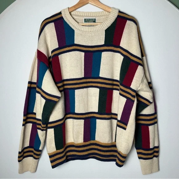 Ivy Club Classics Men’s Knit Crewneck Sweater Multicolor Block Pattern Large 90s - Picture 1 of 7